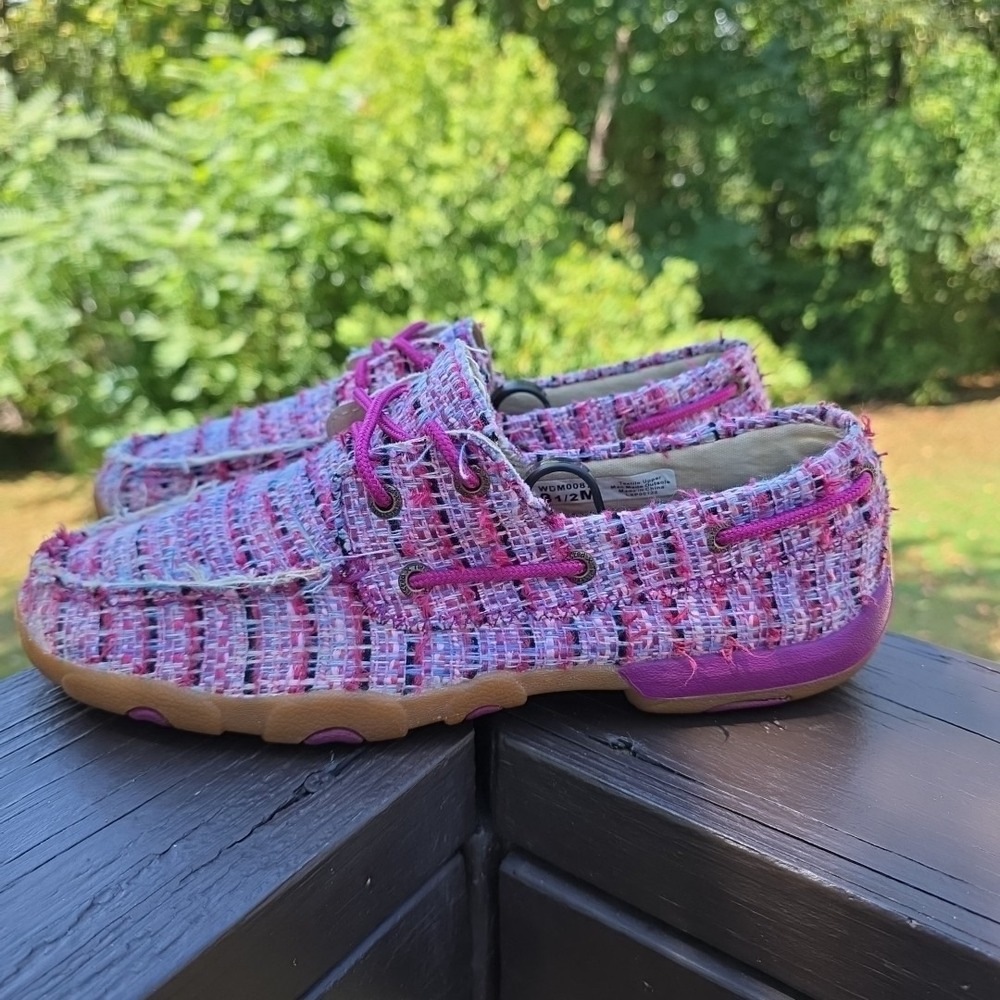 Twisted X Boots Pink Plaid Burlap Driver‎ Loafers Women's 8.5